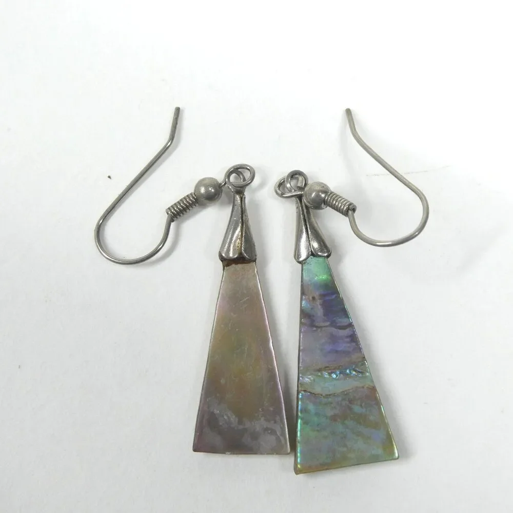 Mother of Pearl Triangle Earrings Vintage Dangle Silver Abalone Shell
